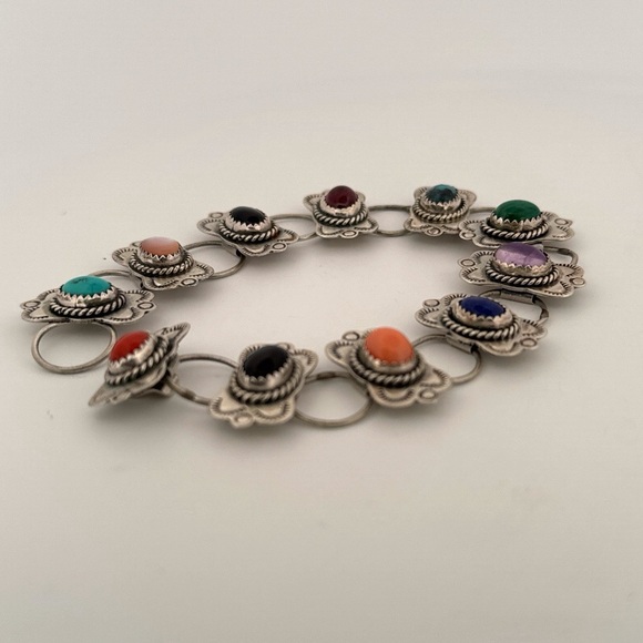 Vintage Signed Navajo Sterling Silver Jeweled Cuff Bracelet RMJ - Picture 3 of 9